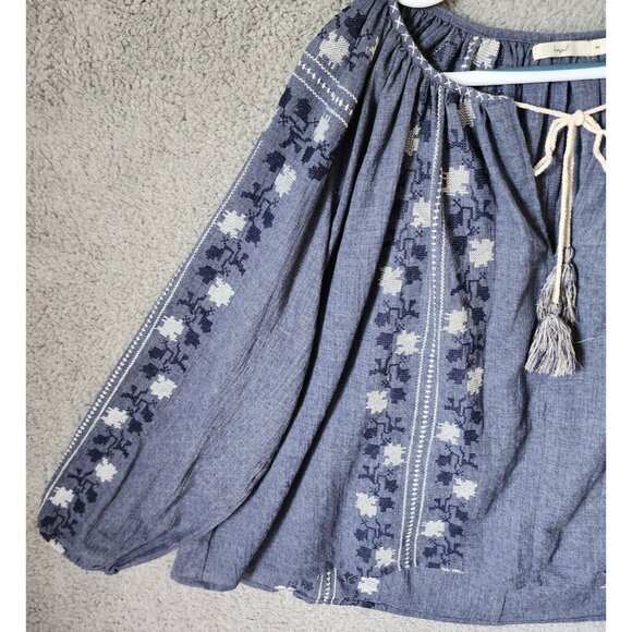 Hazel Women's Long Balloon Sleeve Tie V Neck Oversized Top Embroidered Blue Sz M - Picture 6 of 15